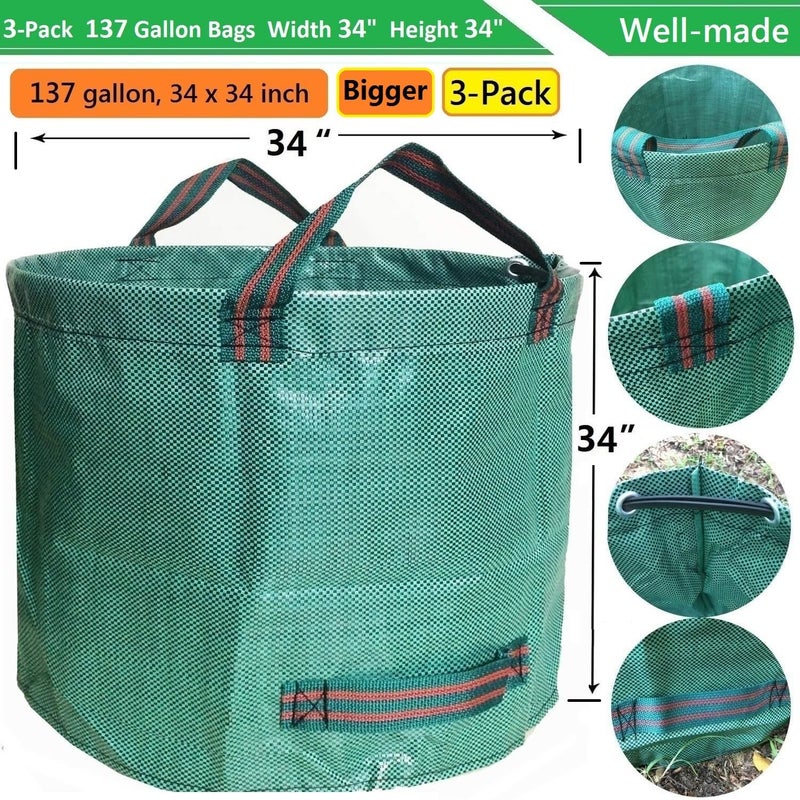 Tespher Professional 3-Pack 137 Gallon Lawn Garden Bags (D34,H34 inch) Big Yard Waste Bags with Gardening Gloves,Extra Large Reusable Leaf Bag,Grass Clippings Bag,Leaf Container,Yard Trash Container 4 Handles - Image 4